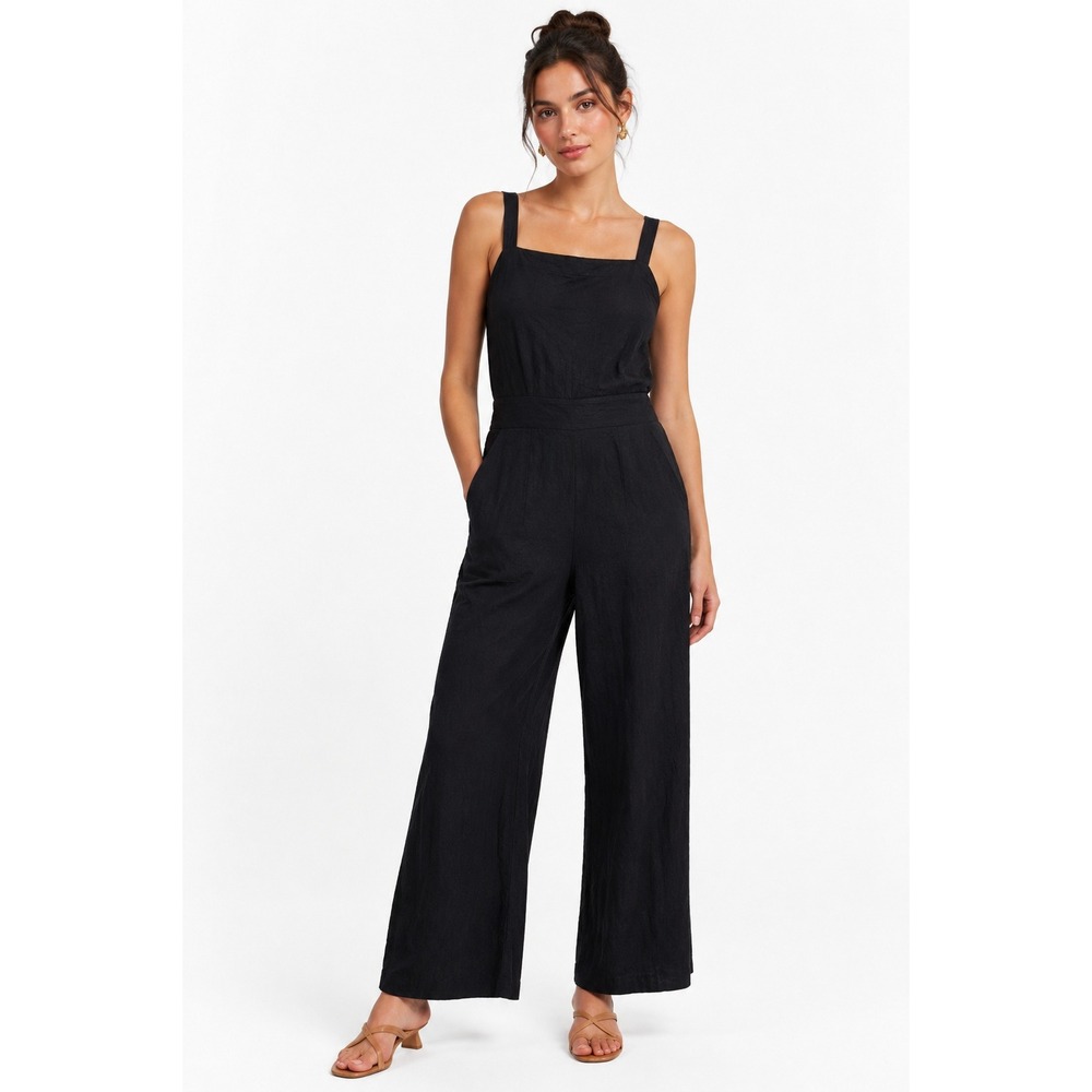 Market & Spruce Womens Black Linen Blend Wide Leg Jumpsuit Medium NWT